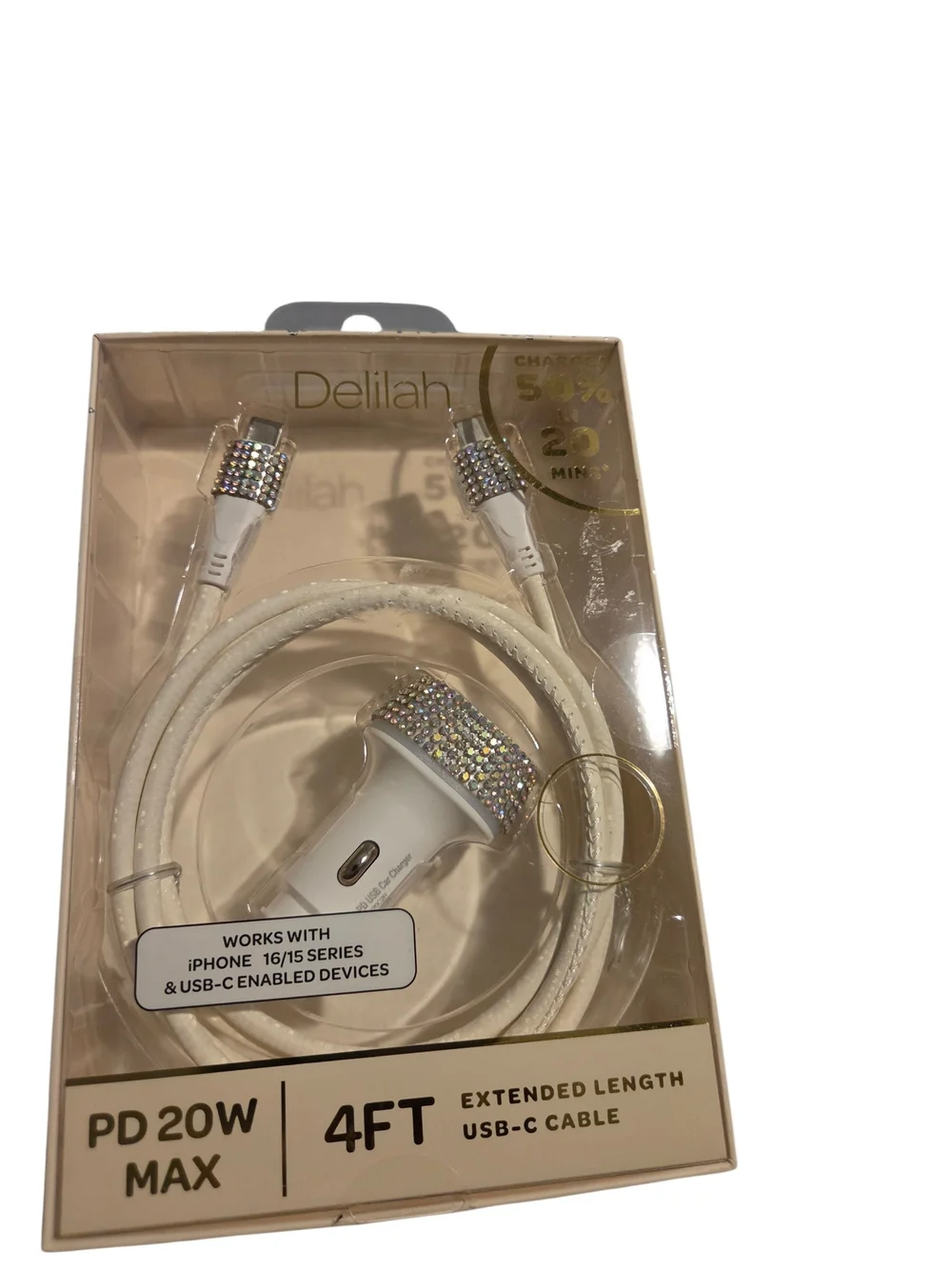 Elila White USB-C to Lightning Cable and Car Charger with Crystal Accents